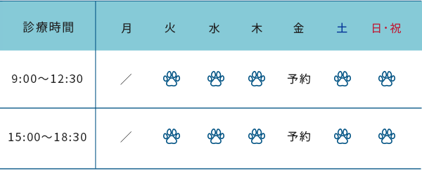 診療時間(午前9:00～12:30、午後15時～18:30、休診日：月曜日　※金曜日は予約診療)